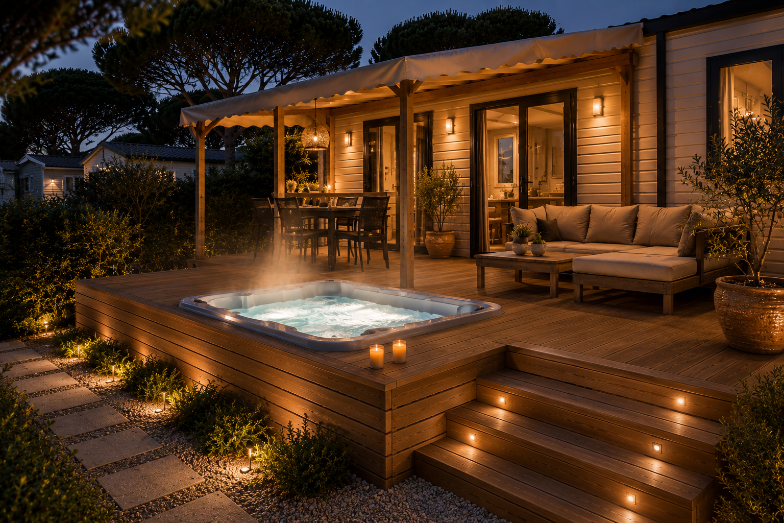 Terrasse premium avec jacuzzi intégré réalisée par Azur Design dans le Var