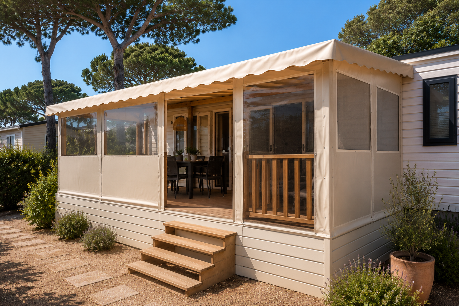 Entourage PVC pour mobil-home réalisé par Azur Design dans le Var
