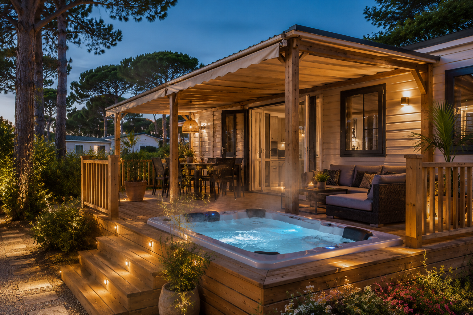 Terrasse premium avec jacuzzi intégré réalisée par Azur Design dans le Var