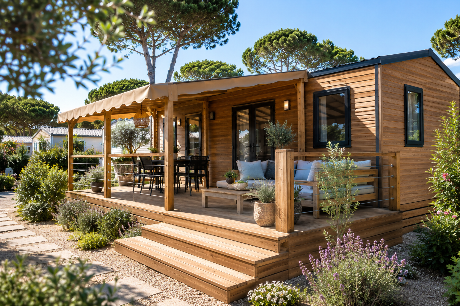 Terrasse sur-mesure mobil-home réalisée par Azur Design dans le Var