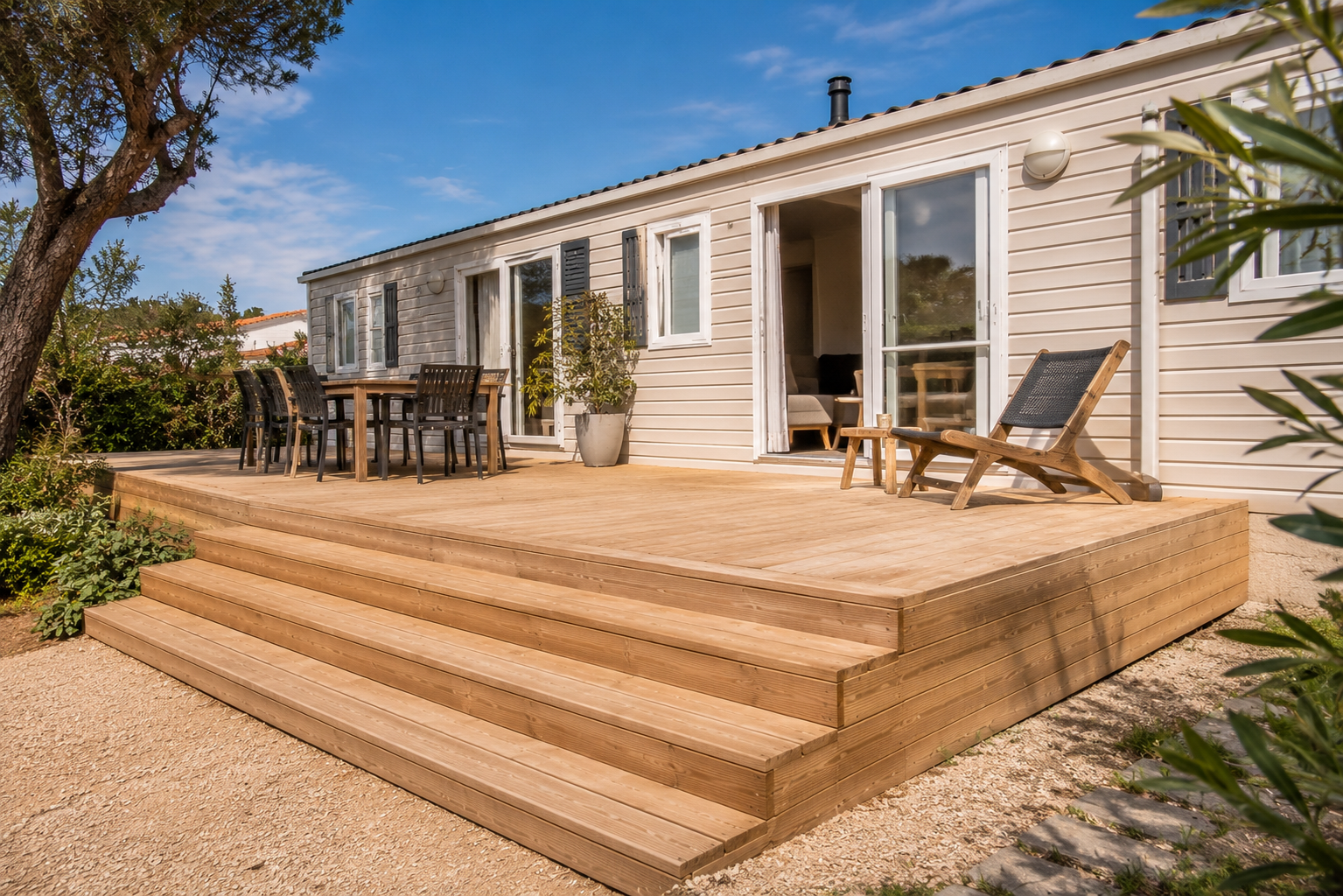 Terrasse podium mobil-home réalisée par Azur Design dans le VarTerrasse podium mobil-home réalisée par Azur Design dans le Var