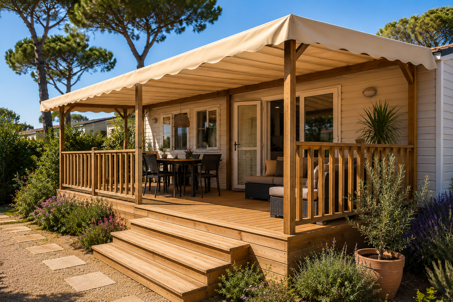 Terrasse couverte mobil-home réalisée par Azur Design dans le Var