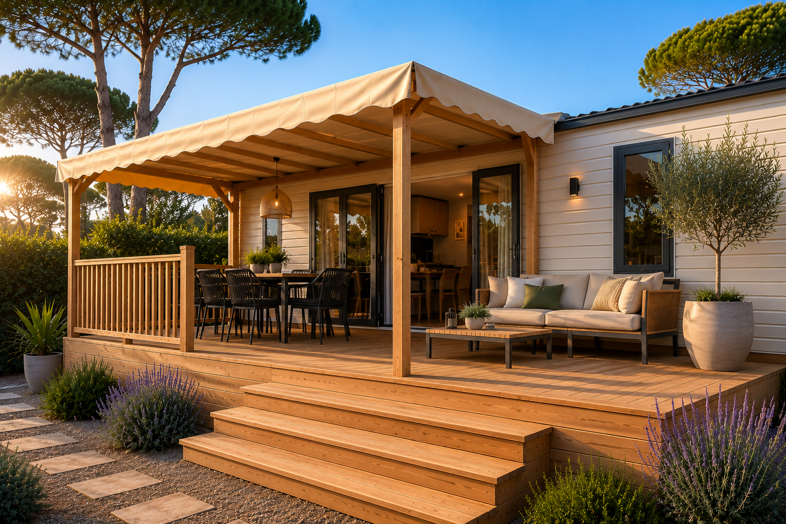 Terrasse semi-couverte mobil-home réalisée par Azur Design dans le Var